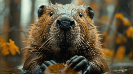 close-up portrait of a beaver in the river - obrazy, fototapety, plakaty