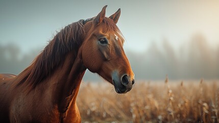 Portrait of a brown horse on the field at sunrise in autumn