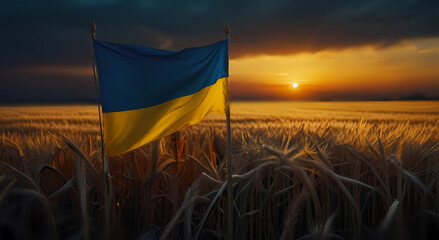 Ukrainian flag in a wheat field against the background of sunset