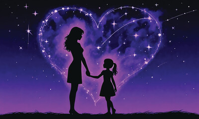 Obraz premium Happy Mother’s Day silhouette illustration, Mom hugs her children with happy Mom's day love ,concept of World teacher’s day and International Women's Day.