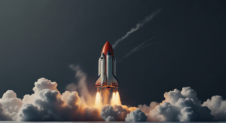A minimalist rocket ship launching with smoke, Business idea start-up take-off concept, Illustration, Start-up theme, with copy space, Rocket launch, Business innovation, Entrepreneurship, space