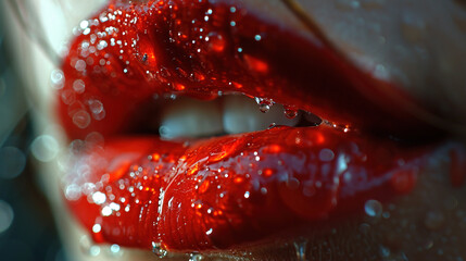 Very Close Up View of Beautiful Woman Wet Lips With Red Glossy Lipstick Selective Focus