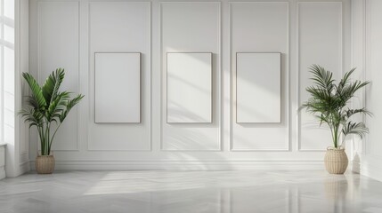 3x Fame with blank poster mockup on wooden table with green plant in pot. White wall background. Empty white room with three empty frames and green plants 