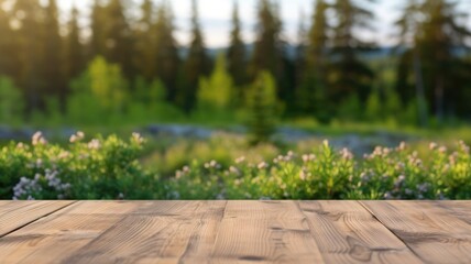 Fototapeta premium The empty wooden brown table top with blur background of Finland nature. Exuberant image. generative AI