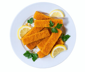 Fish fingers in a plate isolated on white background. Top view.