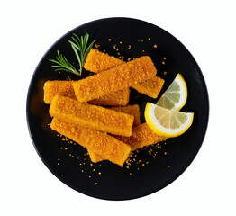 Fish fingers in a black plate isolated on white background. Top view.