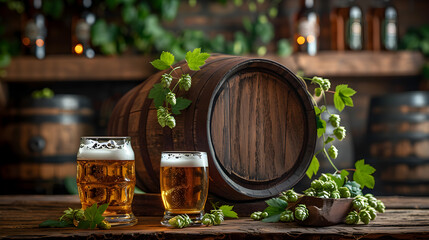 Oktoberfest Beer Barrel and Beer Glasses with Wheat,
Mug of beer with wheat barley and barrels on background still life copy space 