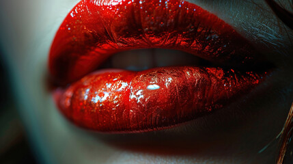 A Pretty Women Red Wet Lips With Dark Red Color Lipstick Blurry Background - obrazy, fototapety, plakaty