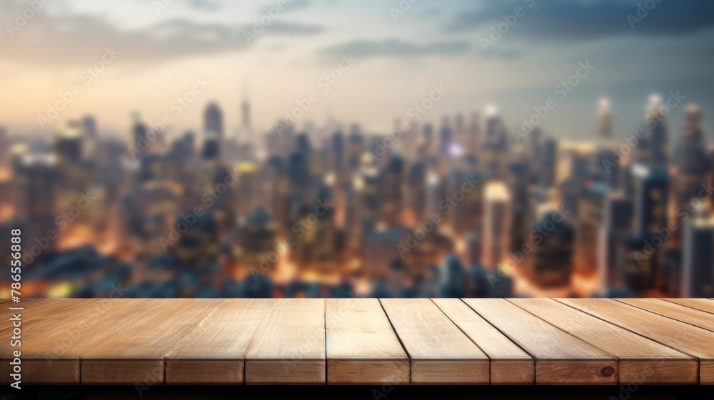 Poster the empty wooden table top with blur background of cityscape. exuberant image. generative ai