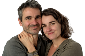 Portrait of happy couple hugging and holding together with smiling isolated on transparent png background, loving moment, romantic scene.