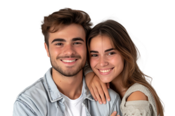 Portrait of happy couple hugging and holding together with smiling isolated on transparent png background, loving moment, romantic scene.