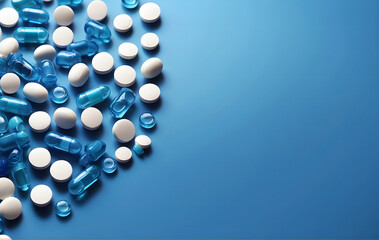 Abstract blue medical and pharmaceutical background design with pills, Pile of pills sitting on top of a blue table