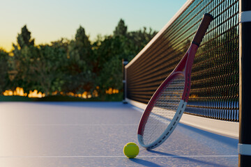 Tennis racket and ball on a sports court near the net.3d rendering