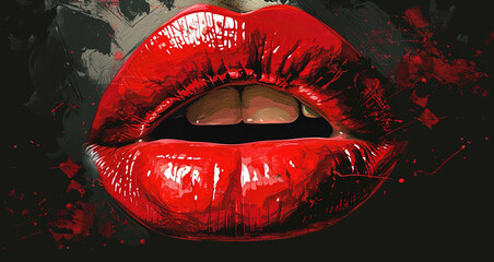 Beautiful Oil Painting of Woman Lips With Splashing Red Liquid Paint Color Lipstick