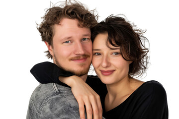 Obraz premium Portrait of happy couple hugging and holding together with smiling isolated on transparent png background, loving moment, romantic scene.