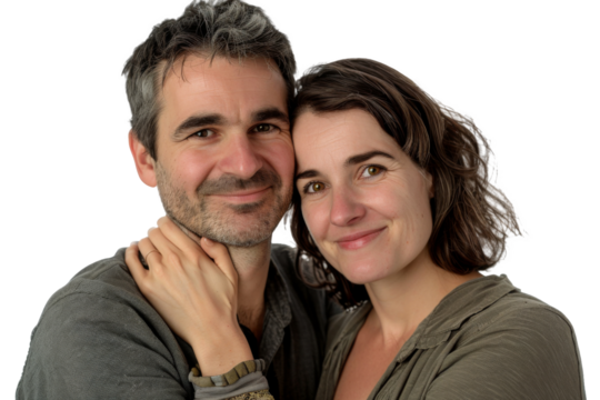 Portrait of happy couple hugging and holding together with smiling isolated on transparent png background, loving moment, romantic scene.