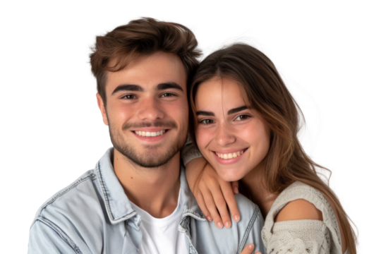 Portrait of happy couple hugging and holding together with smiling isolated on transparent png background, loving moment, romantic scene.