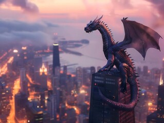 Dragon perched atop a modern city