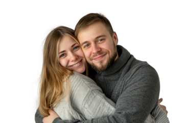 Portrait of happy couple hugging and holding together with smiling isolated on transparent png background, loving moment, romantic scene.