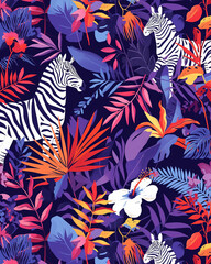 A purple pattern with small zebra and a very limited amount of palm leaves and flowers . There...