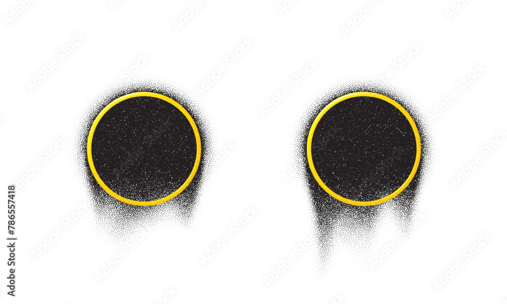 Poster charcoal frame labels, black grain texture banners, abstract stipple sand effect. gradient from dots