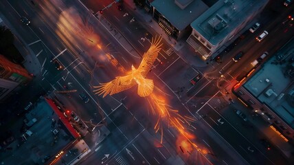 Phoenix flying over a busy urban