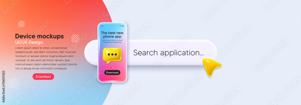 Poster mobile phone ui banner. search bar app interface template. phone mockup with 3d chat speech bubble b