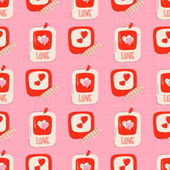 Hand drawn cute romantic elements to Valentine's Day. Modern seamless pattern with pink background.