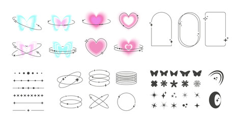 Y2K style blurred and aesthetic line trendy shapes set. Butterfly, star, heart design elements.