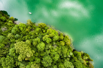 Aerial view of beautiful Balsys lake, one of six Green Lakes, located in Verkiai Regional Park....
