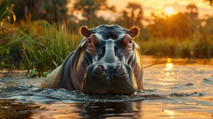African Wildlife Hippo With Green Grass Danger Animal in the Water. African Landscape with Big Hippo - Generative AI - obrazy, fototapety, plakaty