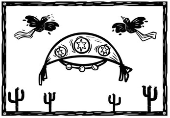 leather hat and elements from the Brazilian northeast. woodcut style