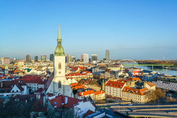 Fototapeta premium Bratislava panorama on a sunny day, the skyline of Bratislava as seen from Bratislava Castle