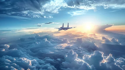 Fotobehang Sky's sentinel, jet fighter surveys the cloudscape © Seksan