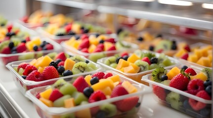 Fruit salads already packaged and sold in plastic boxes in a commercial refrigerator Duplicate the image of space Location for text or design additions