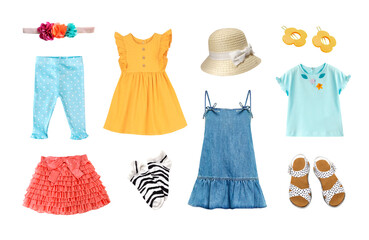 Summer child's clothes set,girl's outfit isolated on white.Bright colorful kid's appare collection.