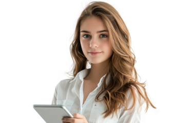Studio portrait company worker beautiful young Caucasian woman with an attractive smile wearing casual outfits and holding digital tablet, isolated on transparent png background.