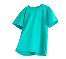 Cyan summer stile shirt isolated on white. Blue grren t-shirt flying single object.