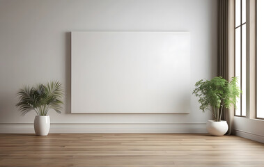 empty room with a wooden floor and a blank white mockup on the wall