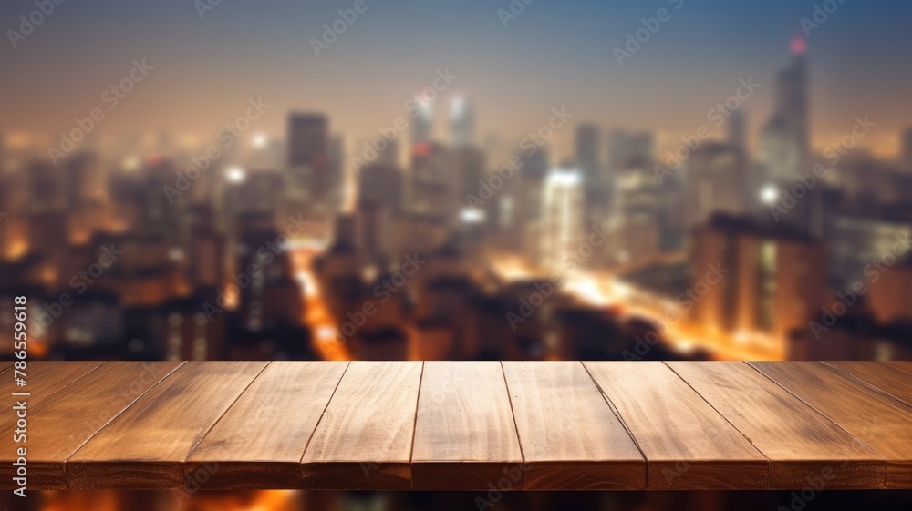 Poster the empty wooden table top with blur background of city skyline. exuberant image. generative ai