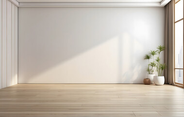 empty room with a wooden floor and a blank white mockup on the wall