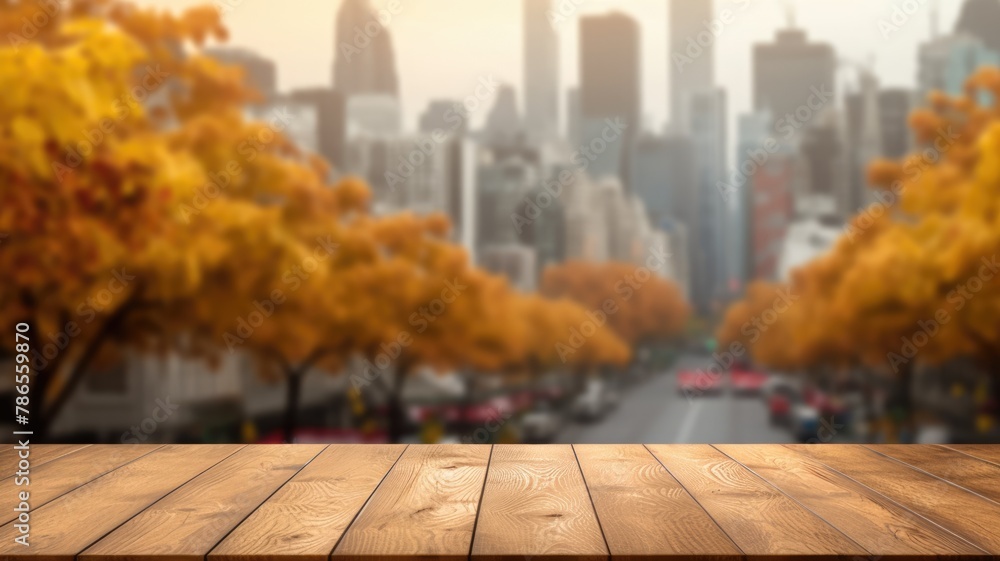 Poster the empty wooden table top with blur background of business district and office building in autumn. 