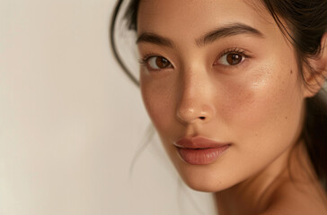 Naklejka premium Beauty, makeup and portrait of asian woman on space in studio on white background for transformation. Face, skincare and wellness with natural or perfect young model on space for cosmetic dermatology