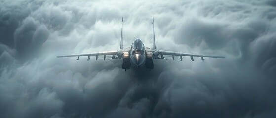 Military aircraft in tactical ascent, shrouded by cloud cover - obrazy, fototapety, plakaty