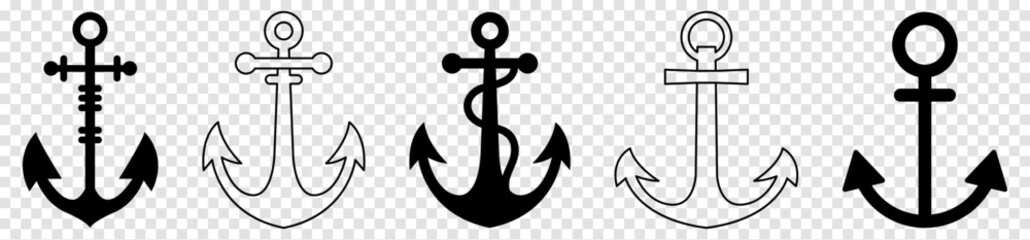 Anchor icons in flat and line art style. Nautical symbol isolated on transparent background