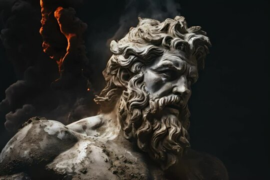 A marble statue of Zeus, the Greek god of thunder, with lightning bolts in the background