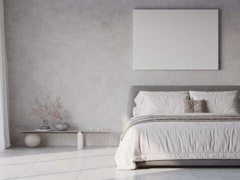 Blank poster in modern bedroom, minimalism interior design, 3d illustration.