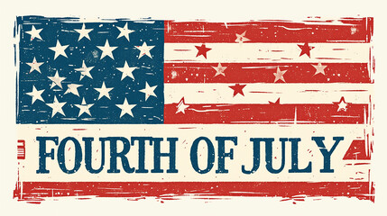 A flag with stars and stripes with the words "Fourth of July" written below it. The flag is painted in a way that it looks like it has been splattered with paint, giving it a vintage and artistic feel