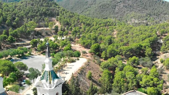 Aerial drone view revealing the Catholic Church Sanctuary of Virgen de la Fuensanta in Murcia, south Spain. Moving forward and tilting shoot.