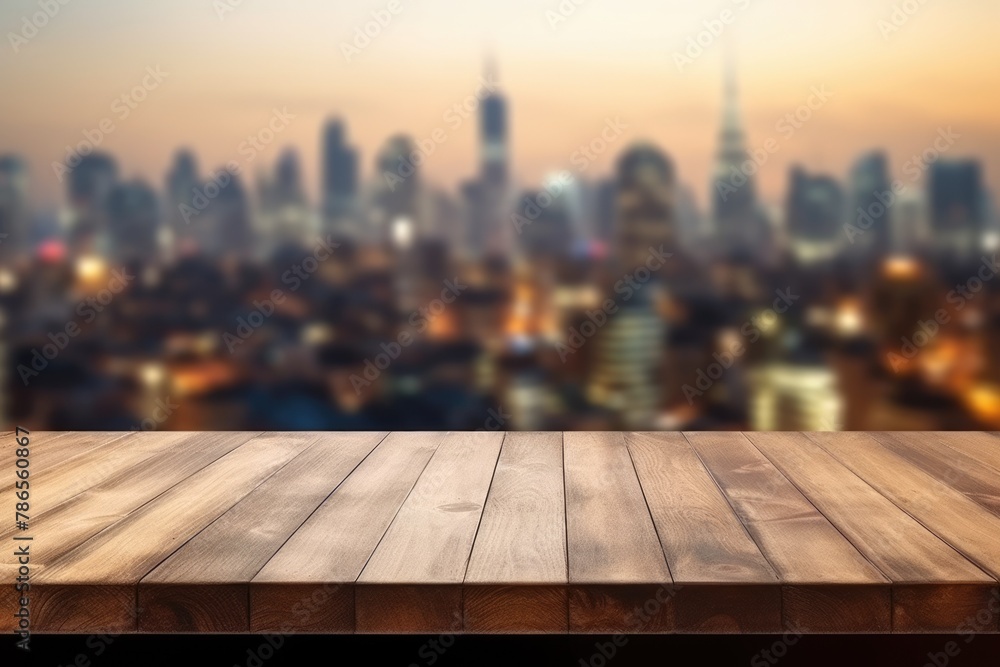 Poster the empty wooden table top with blur background of cityscape. exuberant image. generative ai